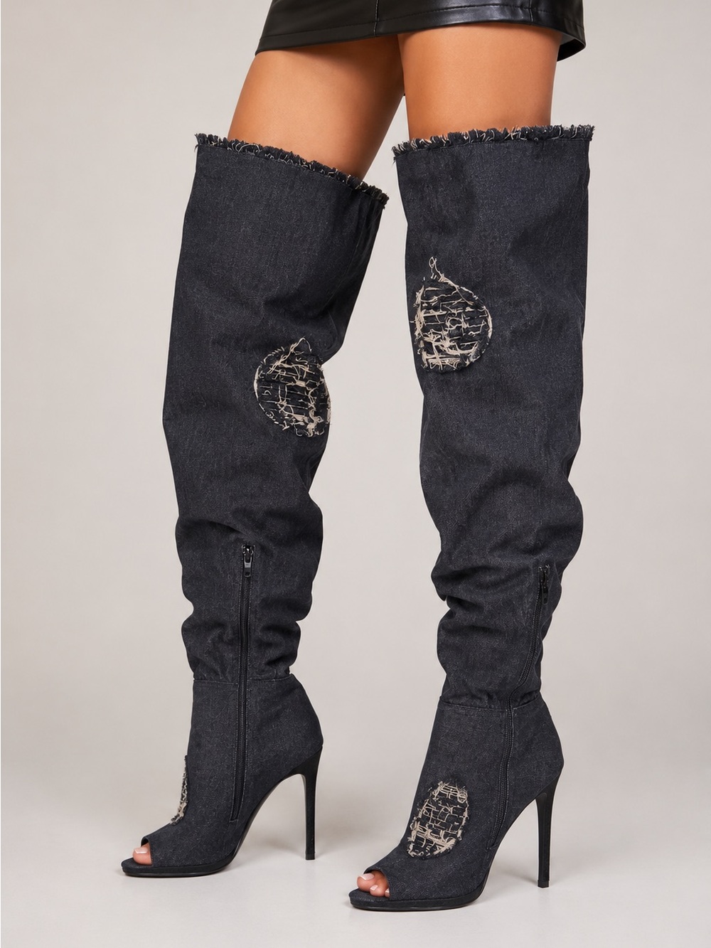 Ashley Stewart Size 12 Black Denim Thigh High Distressed Peep Toe Stiletto Boots